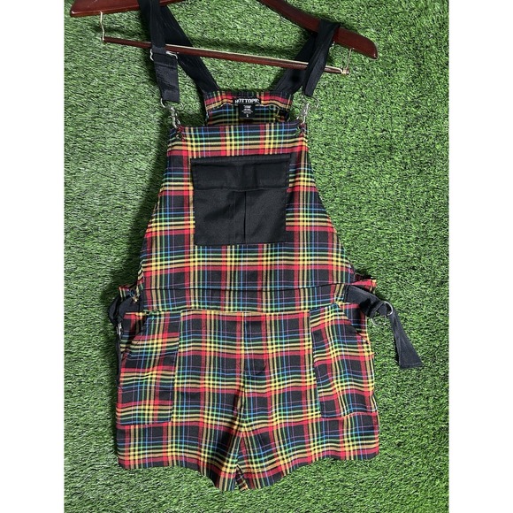 Goth Emo Shortalls Romper Shorts Womens Size S  Hot Topic Rainbow Plaid Pride - Picture 1 of 4
